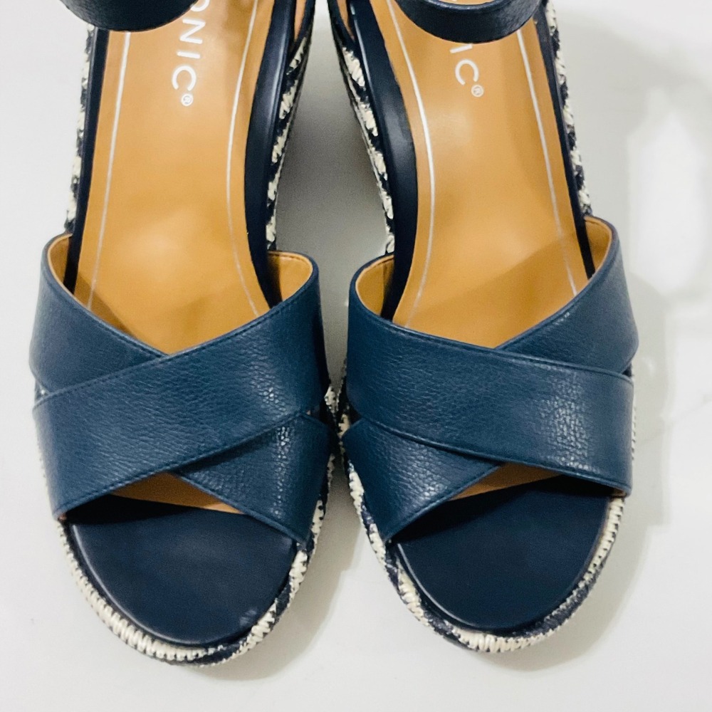 VIONIC Marina womens platform wedge heel sandal navy stripe ankle strap NWT 8 - Picture 9 of 12